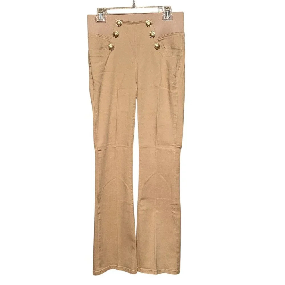 DG2 by Diane Gilman Women's high rise button detail pull on pants Size Small Tan